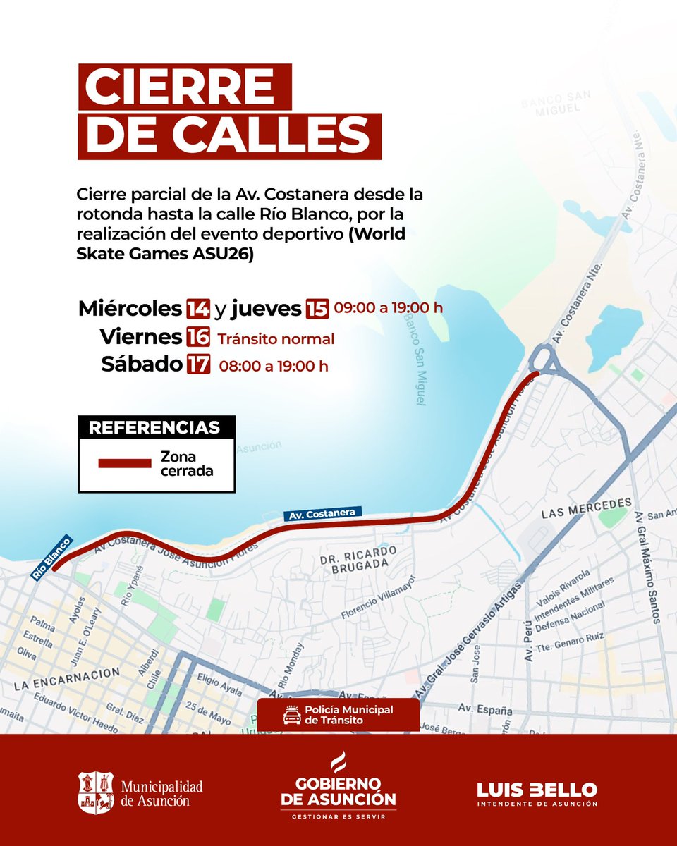AsuncionMuni's tweet photo. 📢 ¡Atención, conductores!
A solicitud de la organización de los World Skate Games ASU26, habrá cierres temporales en la Costanera de Asunción por los trabajos de acondicionamiento y la realización de las competencias.
Los horarios para los próximos días fueron actualizados. 👇🏻 https://t.co/NLd95KcvaA