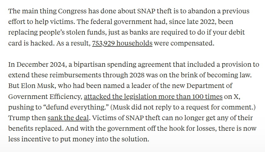 Katie_Bergh's tweet photo. Criminals have been exploiting outdated EBT card technology to steal SNAP benefits from unsuspecting low-income families. Since December 2024, the victims of this theft have had no recourse &amp; federal action to prevent it has largely stalled — for a deeply infuriating reason: https://t.co/kp1XqJ2HiK