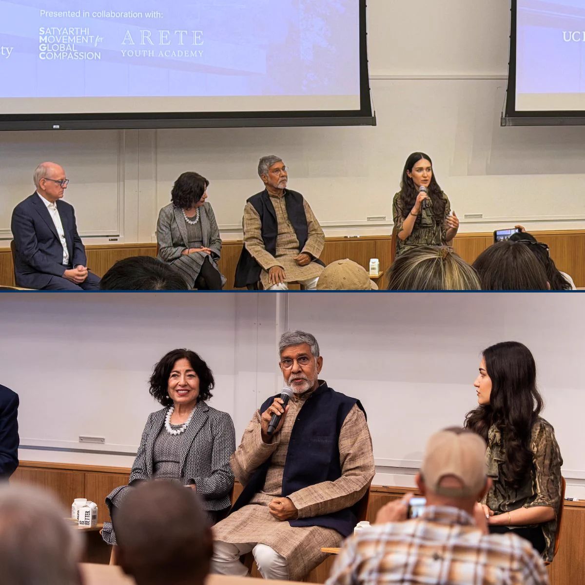 Rose Niousha speaking to the moderator; Kailash Satyarthi responding to a question and looking at the audience.