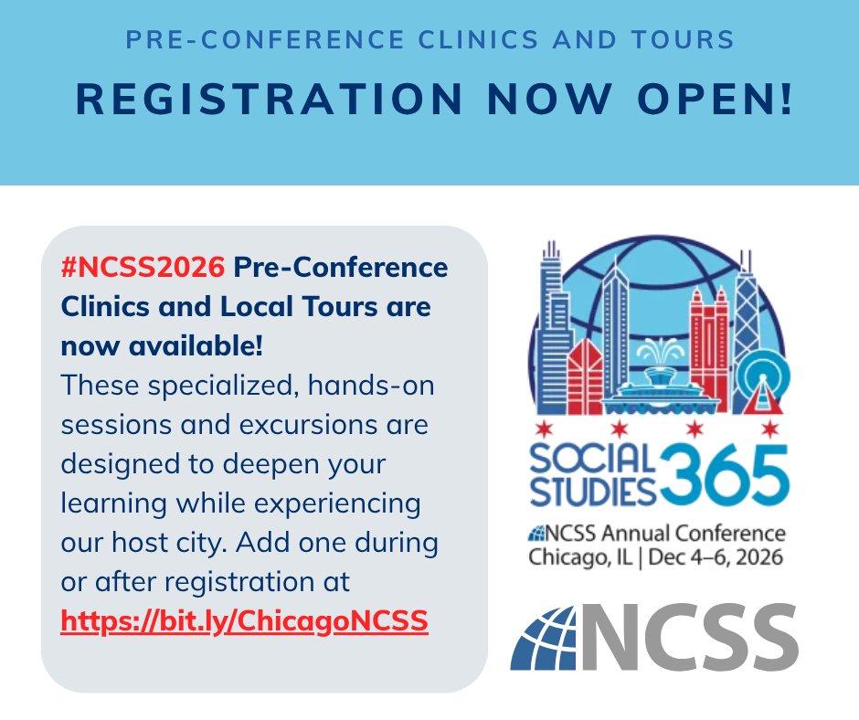 NCSSNetwork's tweet photo. 🏙️ Spots are still available for our Pre-Conference Clinics and Local Tours! Add yours under "Add-Ons" during or after registration: https://t.co/4ChJlWpfqV #Chicago #educator #NCSS2026 https://t.co/et9axhHc5m