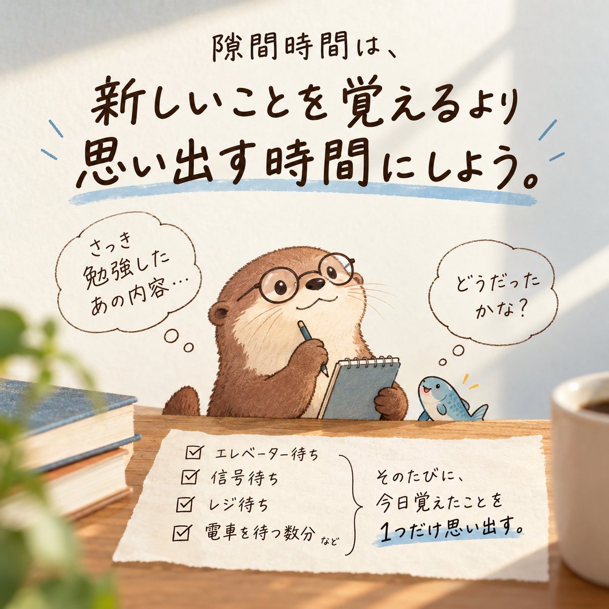 kawauso_study's tweet photo. 隙間時間に「さっき学んだことを1つ思い出す」のがおススメ。

エレベーター待ち。
信号待ち。
レジ待ち。
電車を待つ数分。

そのたびに、今日覚えたことを1つだけ思い出す。
隙間時間は、“忘れないための時間”にもできる。
#勉強法 #隙間時間 https://t.co/ywVyR34sTG