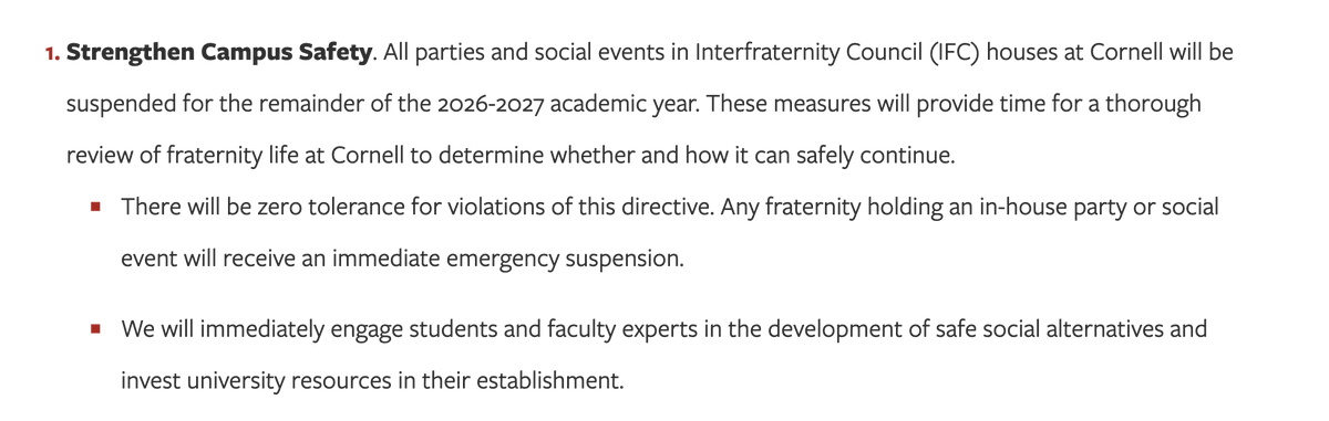 falgallagher's tweet photo. NEW: Cornell has announced its banning all parties and social events at fraternity houses for the rest of the year. The news came as part of an announcement about efforts to "strengthen campus safety and better support survivors." https://t.co/2Pp4WYKEzG