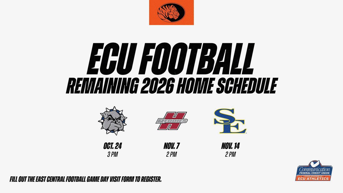 ECUTigersFB's tweet photo. The final stretch of the 2026 season is here, and we’ve got 3 more opportunities to play here at Koi Ishto Stadium. 🐅 

📍October 24th | 3 PM

📍November 7th | 2 PM

📍November 14th | 2 PM

Recruits: Fill out our Game Day Visit Form to register!  ⬇️

https://t.co/JPsbDZD2IE https://t.co/AGX3RLahKv
