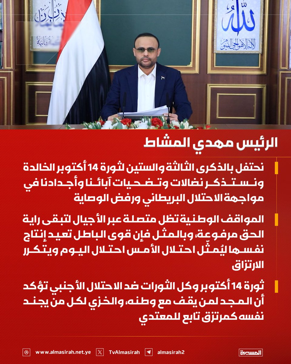 Almasirah_YE's tweet photo. 🟥 الرئيس مهدي المشاط:

♦️ نحتفل بالذكرى الثالثة والستين لثورة 14 أكتوبر الخالدة ونستذكر نضالات وتضحيات آبائنا وأجدادنا في مواجهة الاحتلال البريطاني ورفض الوصاية
♦️ المواقف الوطنية تظل متصلة عبر الأجيال لتبقى راية الحق مرفوعة، وبالمثل فإن قوى الباطل تعيد إنتاج نفسها ليُمثّل احتلال الأمس احتلال اليوم ويتكرر الارتزاق
♦️ ثورة 14 أكتوبر وكل الثورات ضد الاحتلال الأجنبي تؤكد أن المجد لمن يقف مع وطنه، والخزي لكل من يجند نفسه كمرتزق تابع للمعتدي