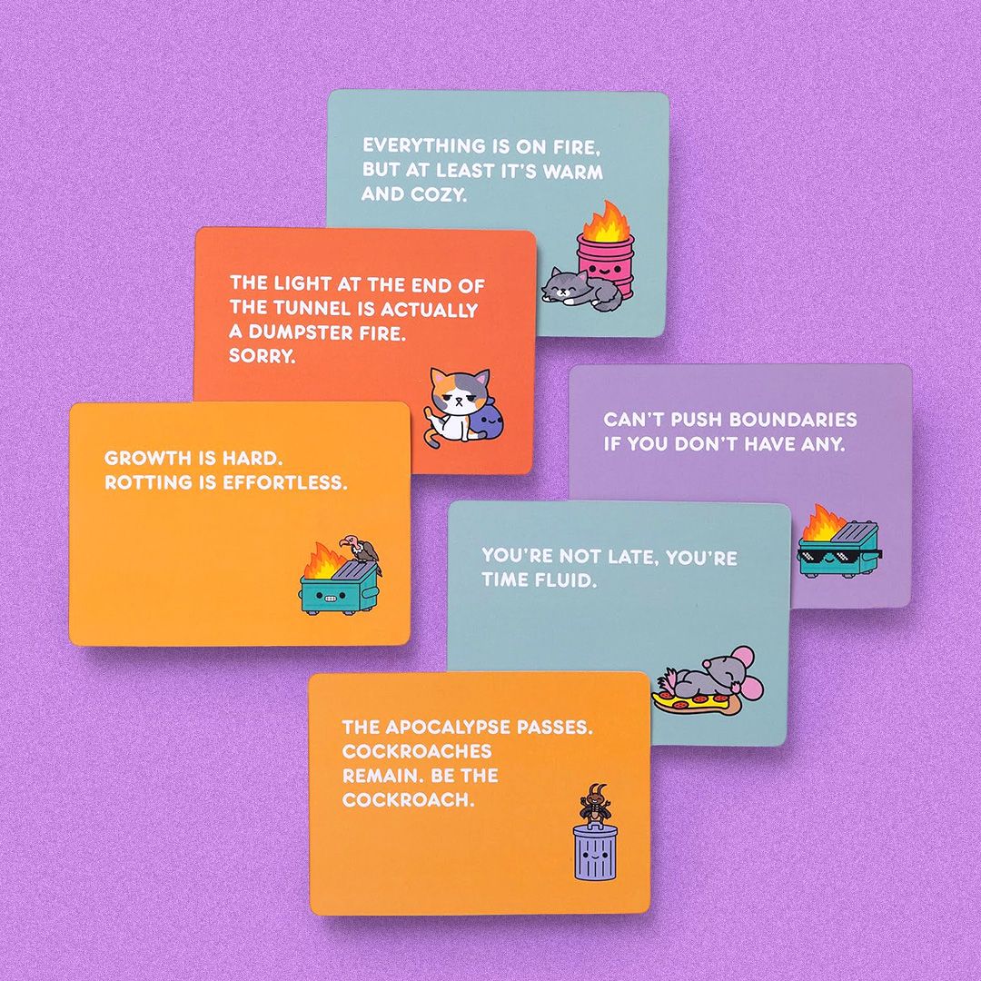 100soft's tweet photo. We made a Dumpster full of terrible advice.

52 anti-affirmations for people who are tired of being told to think positive.

Our Dumpster Fire Anti-Affirmation Deck is available now! 🔥 

https://t.co/oDHUMMnktF https://t.co/i1Sgn3HeXB