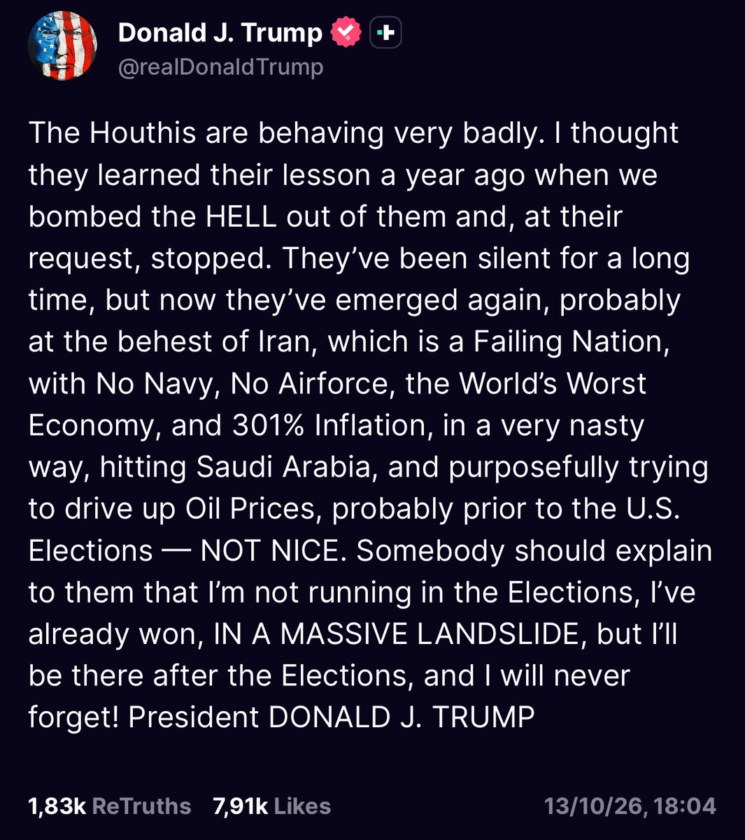 thesteveGardner's tweet photo. President Trump is warning the Houthis after a reported attack on Saudi Arabia that allegedly killed an American, saying he’s losing patience after previous U.S. strikes.

Trump accused the Houthis of resurfacing with possible https://t.co/YVSquRpckc