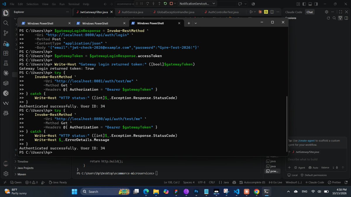 Sehrishmoujahid's tweet photo. JWT authentication flow is now working end to end api gateway getway included in Authentication Microservices E-Commerce #javadevelopment #java #springboot #backend
#apigateway #springcloud #freelancer #aiengineer https://t.co/07VcltKHjh