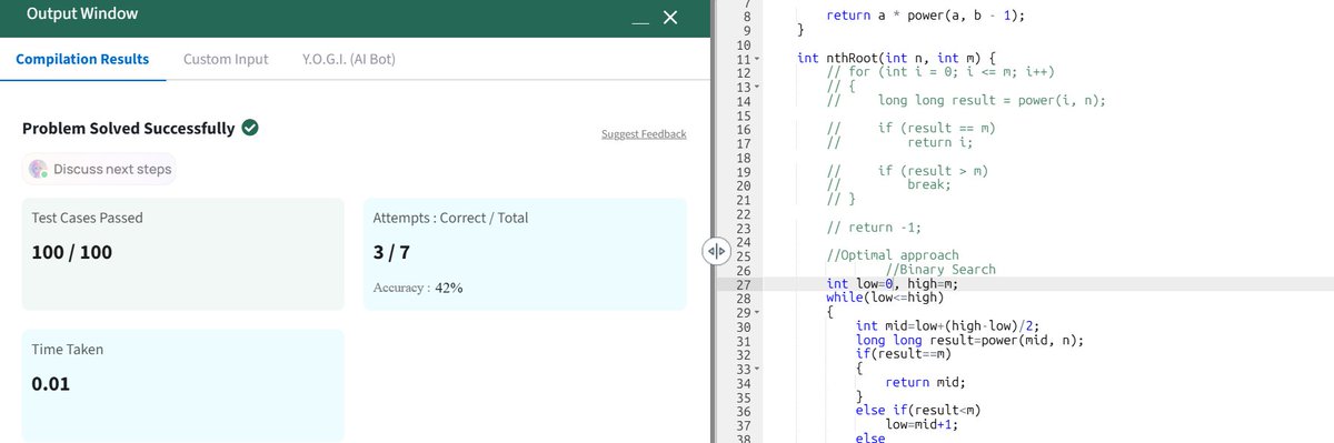 codee_99's tweet photo. Day 18/100 — #100DaysOfCode
Solved the Nth Root of a Number using Binary Search.
Practiced narrowing the search space and applying binary search to find the exact integer root.

#DSA #LeetCode https://t.co/C8F2yRBCgd