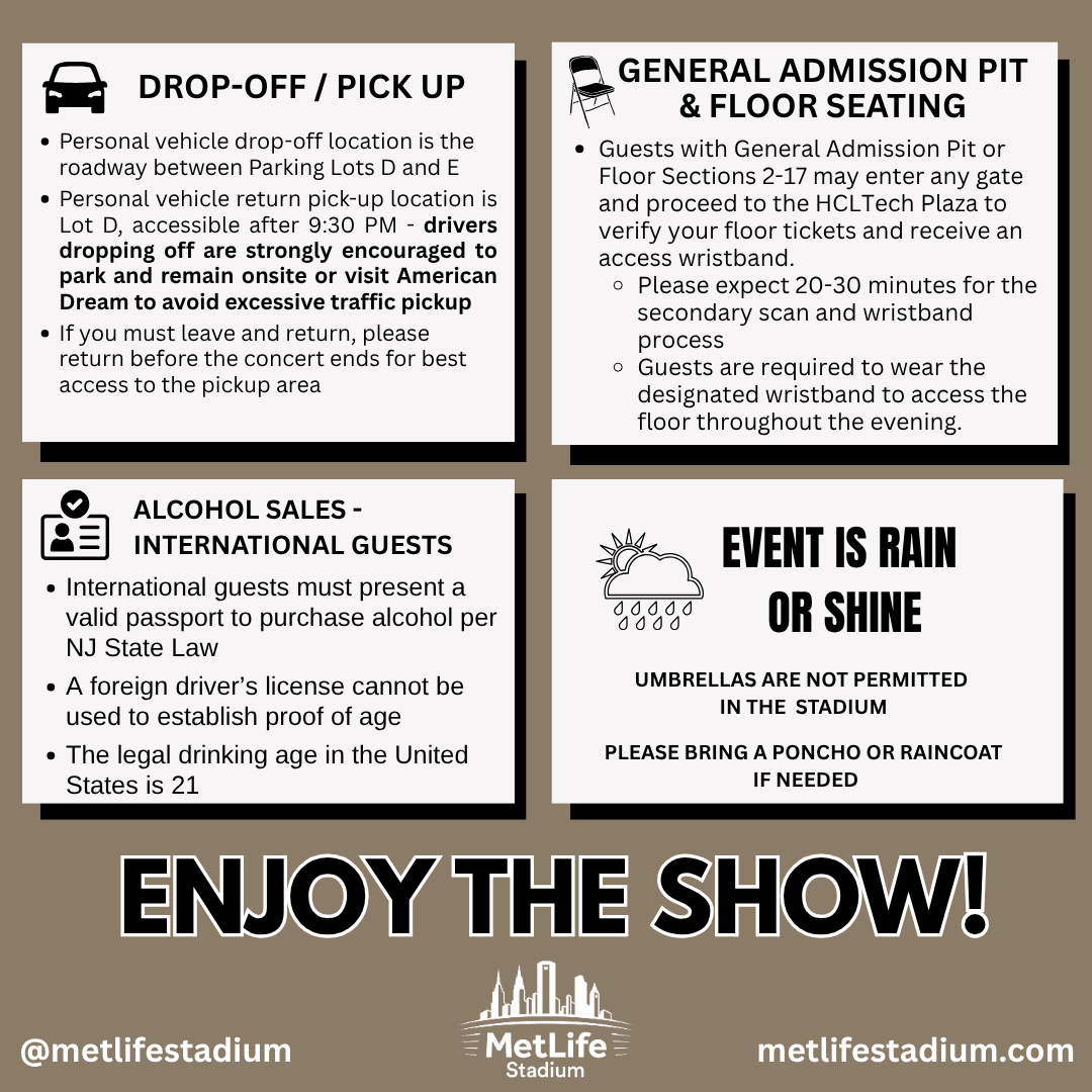 MetLifeStadium's tweet photo. Coming to The R&amp;B Tour starring Usher Raymond &amp; Chris Brown this Thursday? Here's all you need to know before you go! 🔗 https://t.co/oBePj6GtJl

Don't have your tickets yet? Get them now!🎟️ https://t.co/MXa9c7KPXL https://t.co/gMVCWYrwNl