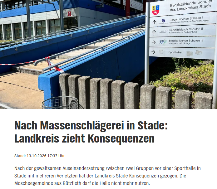 Taykra's tweet photo. Moscheegemeinde Bützfleth darf Halle der Berufsbildenden Schulen #Stade nicht mehr nutzen. Insg 40 bis 50 Personen sind mit Messern u Schlagstöcken aufeinander losgegangen. Die Polizei war im Großeinsatz. Polizei anschl auch vor Krankenhäusern im Einsatz. https://t.co/bWQNYtI0ye https://t.co/Tk6ajJZpet