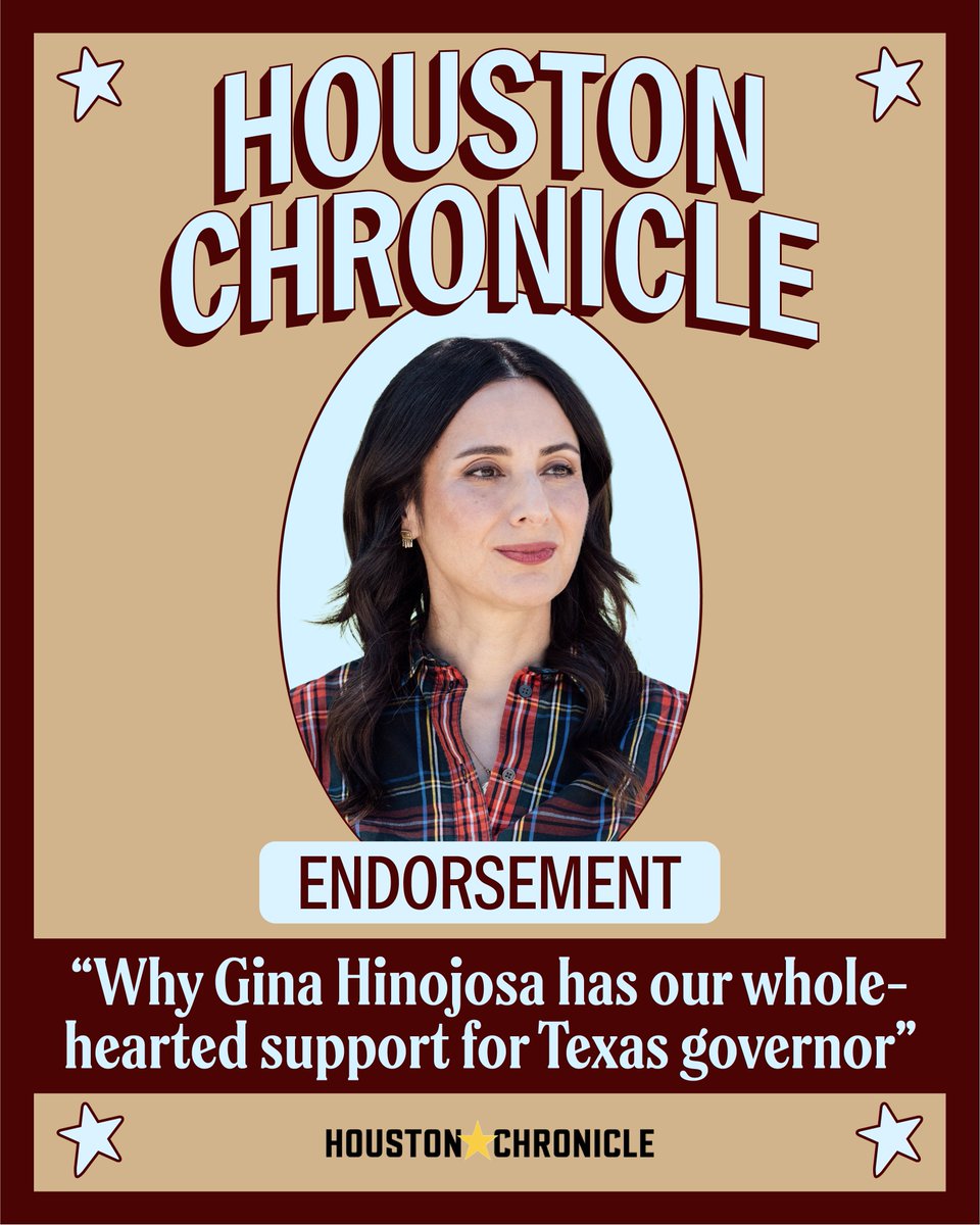 GinaHinojosaTX's tweet photo. Thank you @HoustonChron for this endorsement. 

There's one fight in Texas in 2026: Is Texas a state that's by and for the people, or is this the billionaires' world and we just live here?

I know who I'm fighting for because I know who Texas belongs to. https://t.co/GElc7gqvqN
