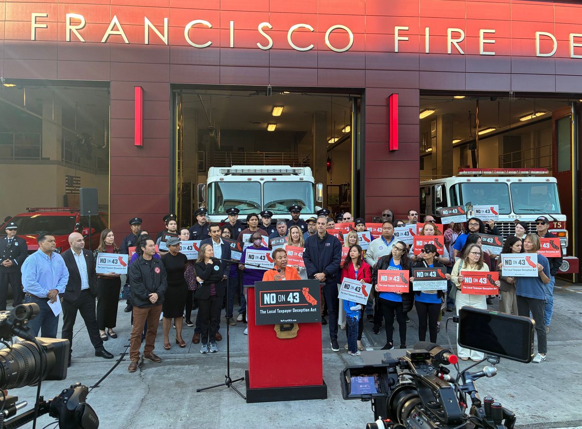 CalCities's tweet photo. San Francisco Mayor Daniel Lurie and Oakland Mayor Barbara Lee joined frontline workers last week at a rally in opposition to Proposition 43. The November statewide ballot measure requires all local special taxes to receive two-thirds voter approval. https://t.co/Mpd5wx8YCC https://t.co/XXvTj4tPYP