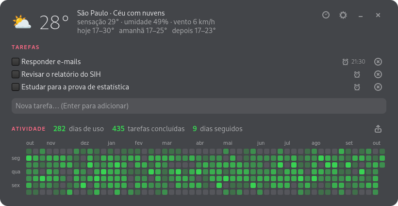 Hendesson33's tweet photo. Painel para a área de trabalho que abre sozinho quando você liga o computador e mostra o clima, as suas tarefas e um gráfico de atividade no estilo do "contribution graph" do GitHub

https://t.co/FvZxxG7j9i https://t.co/JRaVQ1mwVo