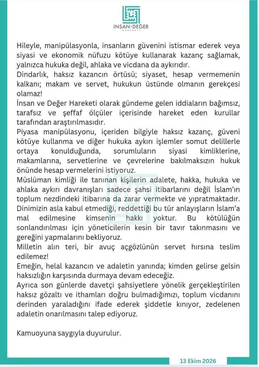 idhgenelmerkez's tweet photo. BASIN AÇIKLAMASI:
KUL HAKKINA, EMEĞE ve TOPLUMSAL VİCDANA DOKUNAN HER HAKSIZLIĞIN KARŞISINDAYIZ! https://t.co/MVUj3IgoAB