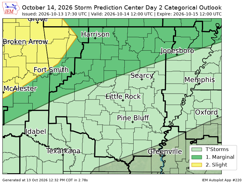ChiefKeith's tweet photo. #SPC issues Day 2 Marginal Convective Risk at Oct 13, 17:30z for LZK https://t.co/rtlpfphFUA https://t.co/lZM8ke08ax