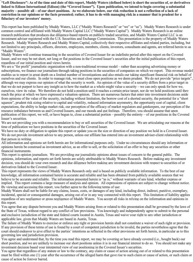 muddywatersre's tweet photo. MW is short $EIX. We reveal new information that shows why we conclude EIX acted with conscious / willful disregard in causing the Eaton Fire. At minimum, Edison should be liable for $4B; we think it should be ~$20B. Edison failed to fix its fire model, which it knew for 5 years couldn’t account for high winds (video & report links follow)
￼
￼