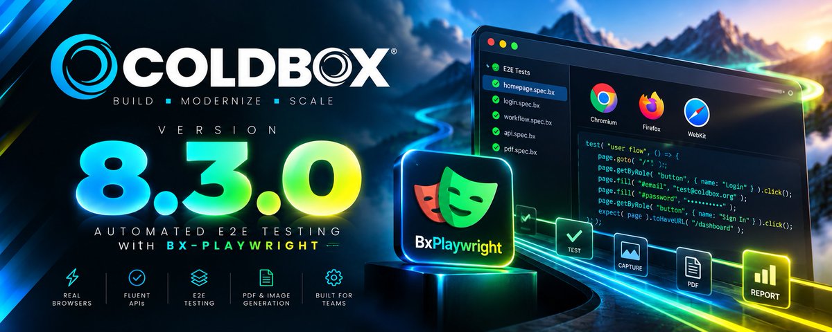 lmajano's tweet photo. 🔥 ColdBox 8.3 released:

🏷️ registerMiddleware() for named route middleware
🧩 group meta shared by every route
🧪 browser testing with BxPlaywright

https://t.co/BG5GHWXkva https://t.co/wdvug38VKw