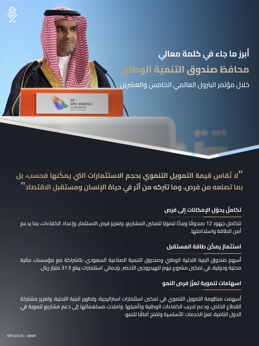 NDF's tweet photo. من تمكين الاستثمارات الاستراتيجية إلى تعزيز تنافسية الاقتصاد وتحسين جودة الحياة؛ أبرز ما جاء في كلمة معالي محافظ صندوق التنمية الوطني الأستاذ عبدالعزيز العريفي، خلال مؤتمر البترول العالمي الخامس والعشرين https://t.co/zFBopJWlXb