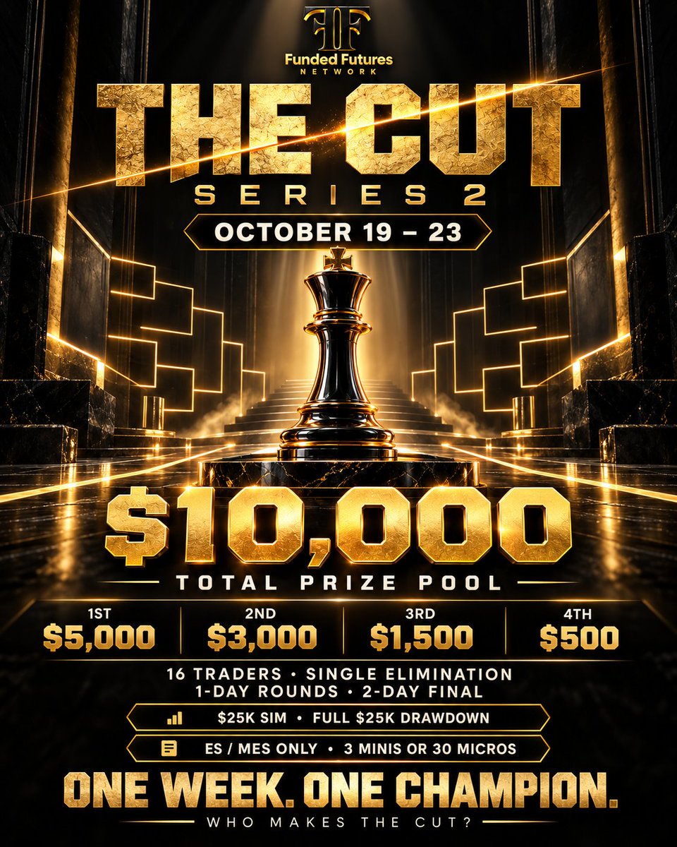 FFNFunding's tweet photo. The Cut is back. 🏆

16 traders. Single elimination. One week.
$10,000 prize pool.

ES only. 1-day rounds. 2-day final.
October 19–23.

Who makes the cut? 👇 https://t.co/pnVvUYMJTr