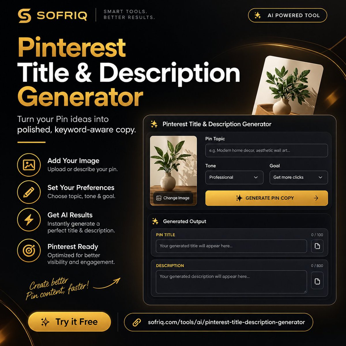 sofriq's tweet photo. Struggling with Pinterest titles? 👀 Let AI do the writing! Try Sofriq’s free Pinterest Title &amp; Description Generator 🚀 https://t.co/8LNkw0fNra #PinterestSEO #Sofriq https://t.co/X22J7iVlMU
