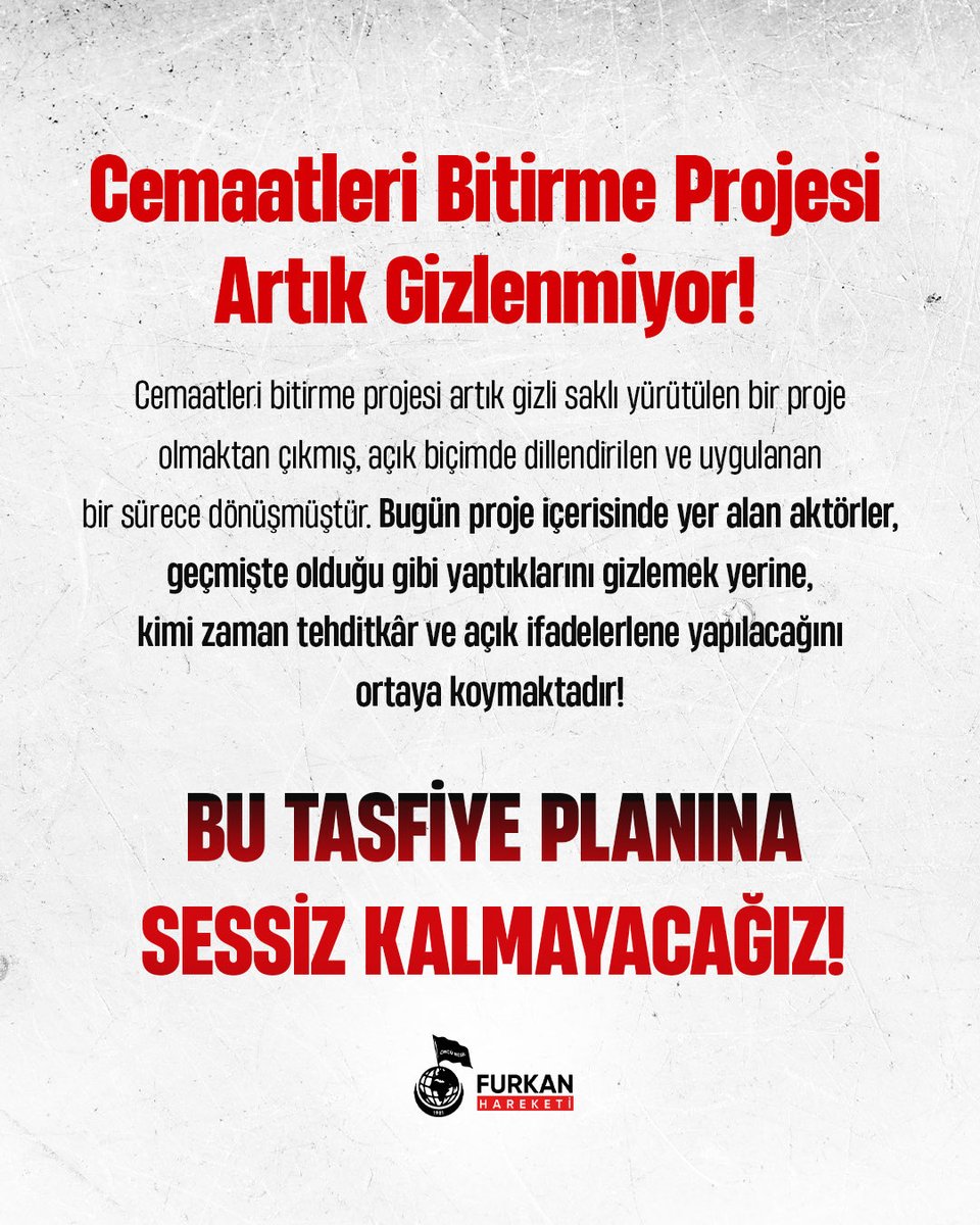 furknharketi's tweet photo. CEMAATLERİ BİTİRME PROJESİ ARTIK GİZLENMİYOR!

Cemaatleri bitirme projesi artık gizli saklı yürütülen bir proje olmaktan çıkmış, açık biçimde dillendirilen ve uygulanan bir sürece dönüşmüştür. Bugün proje içerisinde yer alan aktörler, geçmişte olduğu gibi yaptıklarını gizlemek yerine, kimi zaman tehditkâr ve açık ifadelerle ne yapılacağını ortaya koymaktadır!

Bu tasfiye planına sessiz kalmayacağız!

https://t.co/3rRyeiARJ9

28Şubat DevamEdiyor
CemaatleriBitirme Projesi
DinDüşmanı KomiteIşBaşında