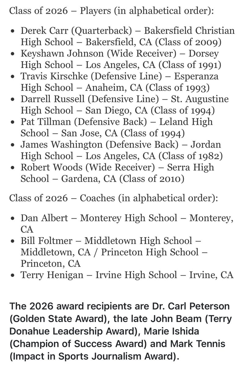 latsondheimer's tweet photo. These are the 2026 inductees into the California High School Football Hall of Fame to be recognized on Saturday at the Rose Bowl. https://t.co/xtxPCyxL79