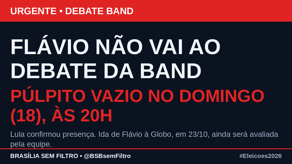 BSBsemFiltro's tweet photo. 🚨 Flávio Bolsonaro diz que NÃO vai ao debate da Band domingo (18), às 20h — seria o 1º frente a frente com Lula no 2º turno. Lula confirmou presença e a Band manterá o púlpito de Flávio vazio. A ida à Globo (23/10) ainda será avaliada pela equipe. #Eleicoes2026 https://t.co/G4722RgZrU
