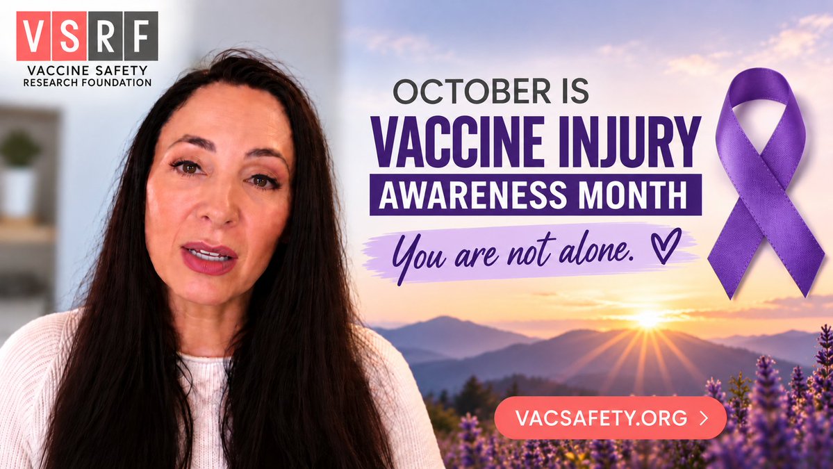 VacSafety's tweet photo. 💜 OCTOBER IS VACCINE INJURY AWARENESS MONTH

Behind every reported vaccine injury is a person, a family, and a story that deserves to be heard.

To those struggling with their health, searching for answers, or feeling forgotten: You are not alone.

We see you. We hear you. We stand with you. 💜

If you or someone you love is suffering from a vaccine injury, please reach out. We're here to listen, offer support, and help you find the resources you need.

Our own Nurse Angela works tirelessly to support individuals and families affected by vaccine injuries, offering compassion, guidance, and hope when they need it most.

Please consider supporting VSRF so Angela can continue this important work and reach even more families in need.

Help us help them. 🙏💜

Please take a moment to watch Nurse Angela's video and hear why this mission means so much to us.

https://t.co/xrARXePN5C

#VaccineInjuryAwarenessMonth 
#VSRF
#October