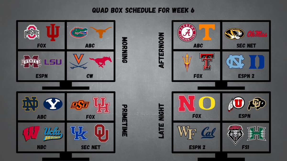 BoxScore_FB's tweet photo. Its here - the Quad Box Schedule for a LOADED week 6 slate. Cancel all your plans. https://t.co/ei4MfvI9NM