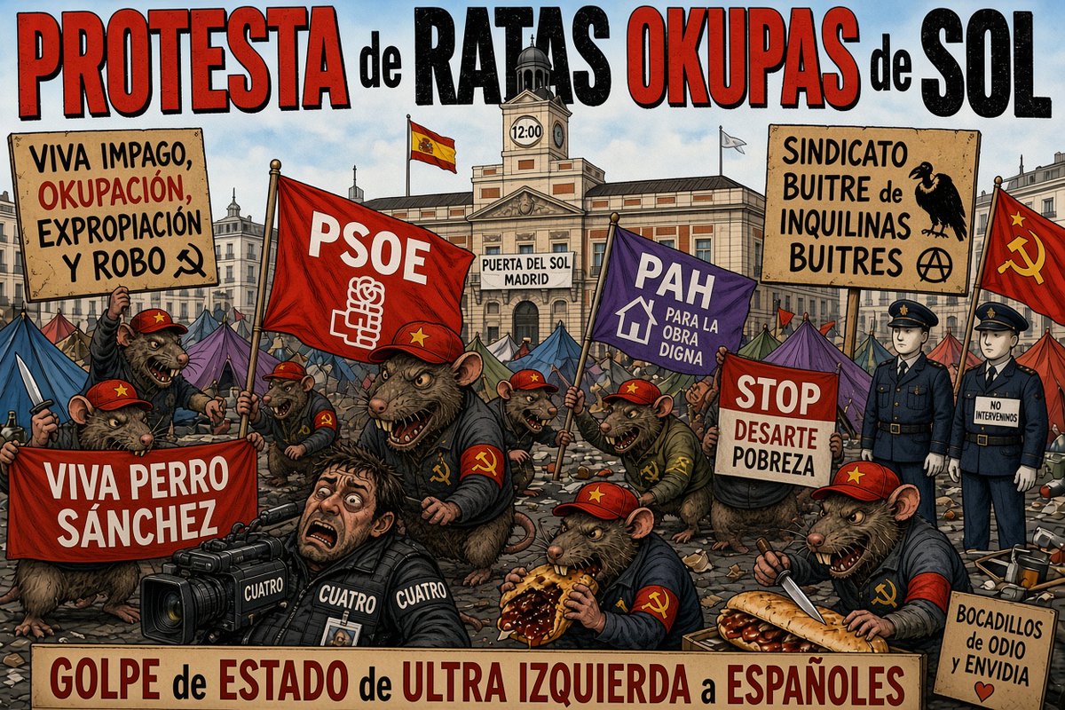 socialismoolib1's tweet photo. 🇪🇸#ESPAÑA #CODIGO10 #HORIZONTE 

#Noticias

🔫13/10/2026 SOCIALISMO o LIBERTAD    COMUNISMO o LIBERTAD

GOBIERNO GANSTER BUITRES #SOCIALISTAs-#COMUNISTAs #PSOE #SÁNCHEZ 

AMENAZA a @IDIAZAYUSO

#OKUPACIÓN de SOL: GOLPE de ESTADO    

A las RATAS: MATARATAS 

HUELE a PERRO MUERTO https://t.co/OXZh7DSkgr