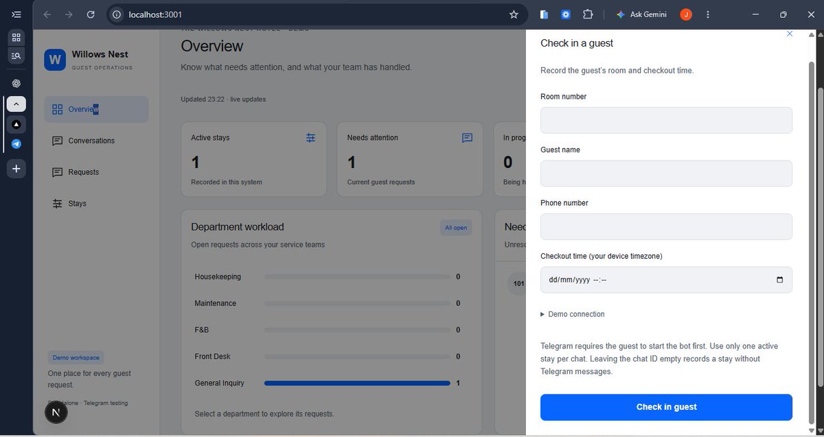 itz_Keyz001's tweet photo. Hotel guest-ops milestone: our Telegram demo now runs from check-in to checkout and feedback.

Unread badges, human handoffs, staff replies, and service confirmations—all connected.

46 backend tests pass.

Screenshots, bugs fixed, and lessons below 🧵 https://t.co/wlbKrioerO