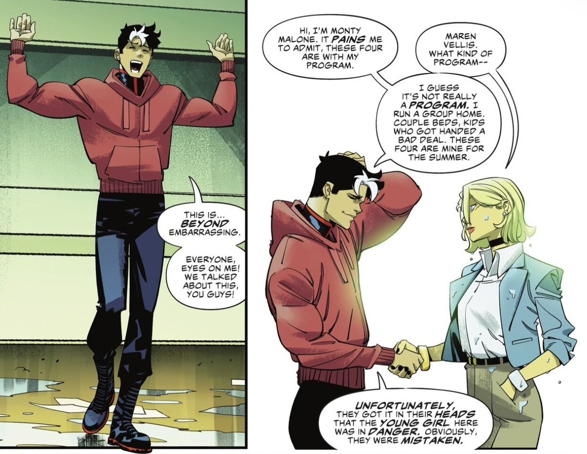 kldIaw's tweet photo. TEEN TITANS #2 SPOILERS 

obv a reference to matches malone but I like that jason didn't even bother to change the surname. Even in a improvised alter ego he's still bruce's son 🥺 https://t.co/bqhXRSWelP