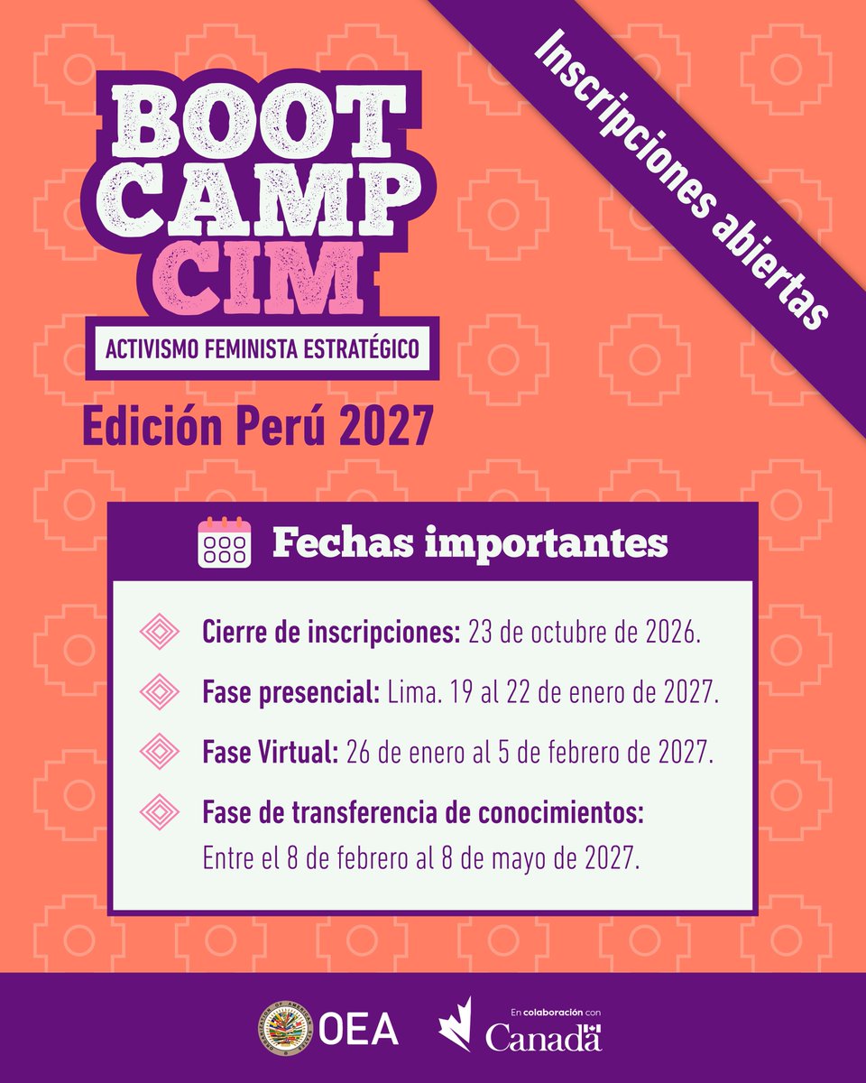 CIMOEA's tweet photo. 🇵🇪 Bootcamp CIM – Perú 2027

¡Las postulaciones siguen abiertas! 💜

Potencia tu activismo, fortalece el trabajo de tu organización y conecta con otras activistas.

🎓 Becas disponibles
📅 Postula hasta el 23 de octubre
🔗https://t.co/RkuEbggIiU https://t.co/JsCmA6tua4
