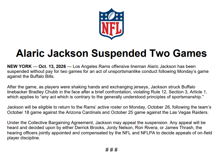 NFL345's tweet photo. Alaric Jackson Suspended Two Games https://t.co/mGLLlnYulr