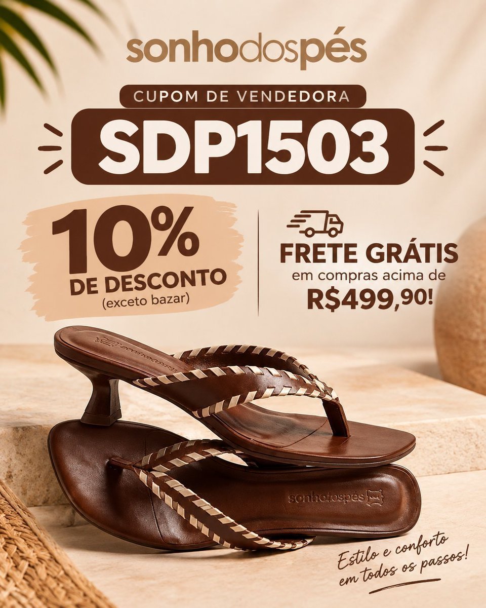 AchouCupom's tweet photo. sonho dos Pés: conforto e estilo em cada passo! 🤎
Use o código de vendedora SDP1503 e ganhe 10% OFF + frete grátis! https://t.co/1ozQ5t0GTr