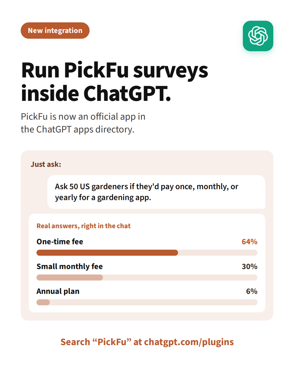 PickFu's tweet photo. PickFu is now an official ChatGPT app. 💬

Ask for a survey in plain language, get real answers from real people, and analyze your results – without leaving the chat.

Search "PickFu" on ChatGPT's Plugins page to get started. https://t.co/lW0L08aIV8