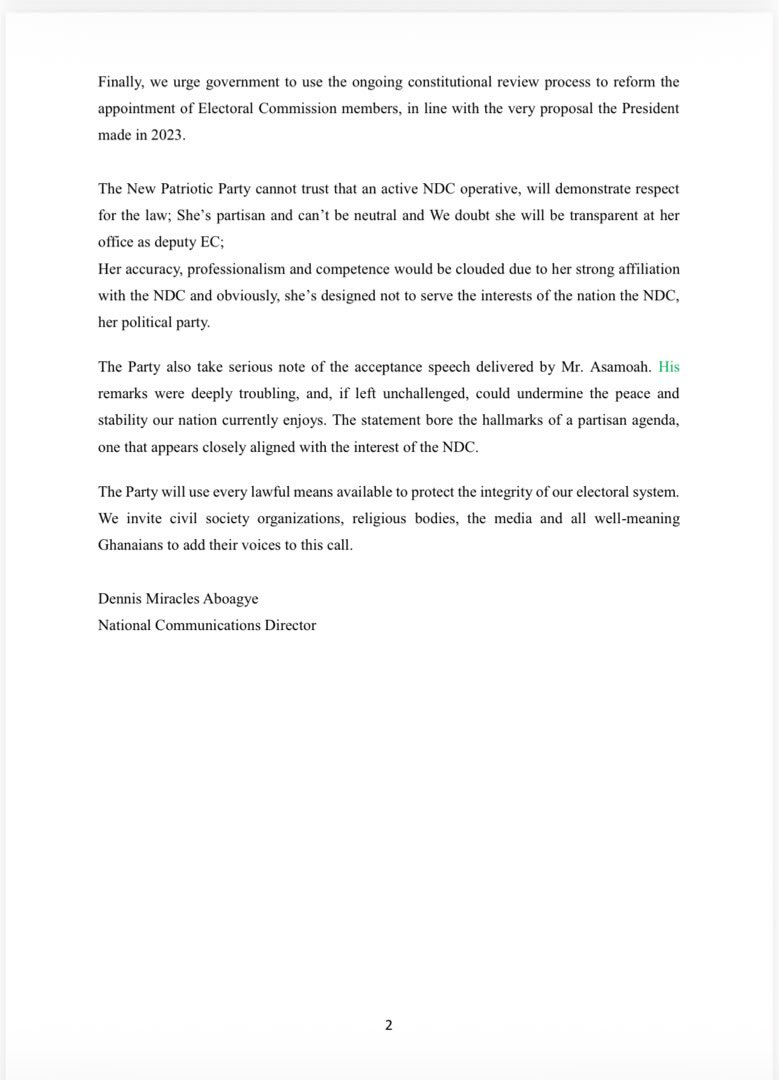 DarkwahJames7's tweet photo. NPP SPEAKS ON THE APPOINTMENT OF EMELIA ABENYO AS DEPUTY CHAIRPERSON OF THE
ELECTORAL COMMISSION
#ECNowNDCCommission
#ECMustBeNeutral
#WeRejectPartisanEC https://t.co/xGE0pg2hup