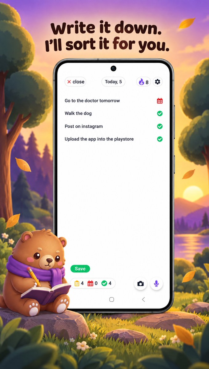 JuanFel15216161's tweet photo. @tyd3n_ Hi, let's connect 👏. I built a productivity mascot app called Taru, you just write down a task like a quick note, no forms, and it auto-sorts for you. Android only.  I need testers for Google Play's 14-day closed test, this is the link: https://t.co/PJeHFXxiOR https://t.co/b9xFPxxpfX