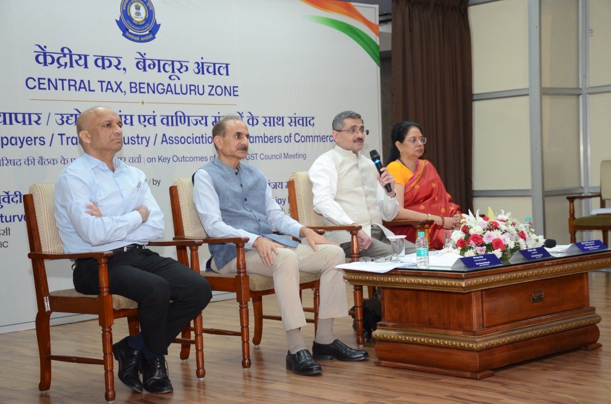 cbic_india's tweet photo. Shri Vivek Chaturvedi, Chairman CBIC & Shri Sanjay Mangal, Member (GST), CBIC interacted with Trade Associations and taxpayers in Bengaluru on 13.10.2026, regarding the path breaking reforms carried out  in the 57th meeting of the GST Council. Smt. Kajal Singh, Chief Commissioner of Central Tax, Bengaluru Zone and Shri. Vipul Bansal, Commissioner of Commercial Taxes Govt. of Karnataka, and Senior officials of Central and State GST administration were also present in the outreach. 

Around 250 representatives of trade and taxpayers actively participated in the session, welcomed the recommendations of the GST Council aimed at facilitating ease of doing business, and shared their views during the discussions.

Following the meeting with Trade, the Chairman and Member had an interactive session with officers of CBIC posted in Bengaluru Zone.
#57th_GST_Council