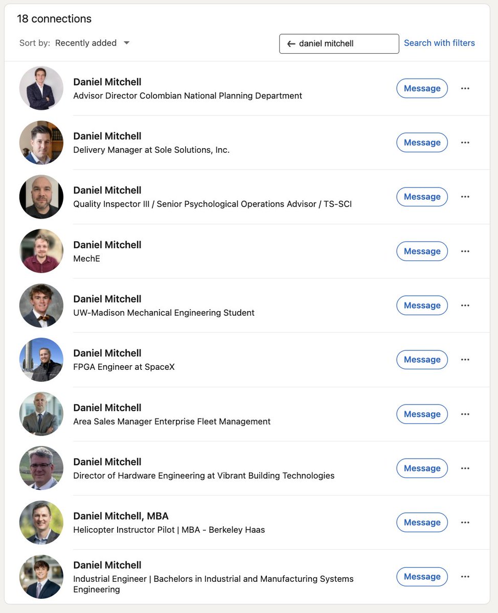 danielmitchell's tweet photo. you need to be name-maxxing, anon

I am connected with 18 other daniel mitchells on LinkedIn

I think there are over 1000 in total... gotta catch em all https://t.co/EB0pOc4oE5