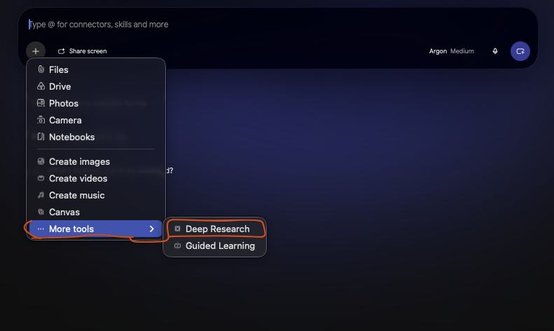 bypass_perms's tweet photo. @antigravity @Google @GeminiApp @gcloudpartners @GoogleResearch @googledevs well just in case this will help anyone.. found it under + icon
#DeepResearch #google https://t.co/UIwjsFaDgl