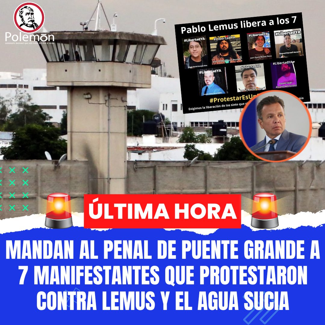revistapolemon's tweet photo. 🚨#ÚLTIMAHORA | La Fiscalía de Jalisco trasladó a la prisión de Puente Grande a siete manifestantes detenidos durante la protesta frente a Casa Jalisco, donde ciudadanos exigieron agua de calidad y fueron brutalmente reprimidos por policías a cargo del gobernador de MC, @PabloLemusN.

Los siete hombres, identificados como David Isaac, Teodoro Isaac, Juan Darío, Alexis Daniel, Samuel, Israel e Iván Octavio, permanecían detenidos en las instalaciones de la Fiscalía estatal, en la Calle 14. La dependencia informó que considera que “existen elementos para presentarlos ante un juez de control y oralidad”.

Uno de los casos más sonados es el de Samuel Morales Navarro, un repartidor de aplicación de 24 años, fue detenido por policías antimotines, mientras pasaba por la zona, pues vídeos evidencian que no se encontraba protestando cuando, de forma violenta, policías jaliscienses lo atacaron y capturaron.

A seis de ellos se les atribuye el presunto delito de lesiones dolosas, con la agravante prevista en el Código Penal de Jalisco cuando las lesiones se cometen contra personas que desempeñan funciones de seguridad pública. Al séptimo se le imputa presunta desobediencia o resistencia de particulares. Las acusaciones deberán ser presentadas ante la autoridad judicial, que determinará su situación jurídica.

El traslado ocurre tras la represión y detenciones que ha generado criticas por la violencia y arbitrariedad en la captura de los manifestantes. Mientras la exigencia original era obtener respuestas sobre la calidad del agua, la actuación de las autoridades estatales produjo manifestaciones a las afueras de la fiscalía estatal pidiendo la libertad de los jóvenes capturados.

De las 39 personas detenidas durante los disturbios, 32 fueron liberadas dentro del plazo legal de 48 horas. La Fiscalía señaló que permanecen en libertad, aunque el Ministerio Público se reservó la posibilidad de continuar integrando carpetas de investigación en su contra.

Además, la dependencia desistió de la línea de investigación que inicialmente había anunciado por presuntos delitos cometidos contra representantes de la autoridad, lesiones y ataques a las vías de comunicación, para informar posteriormente sobre los cargos que atribuye a los siete hombres que continúan detenidos.