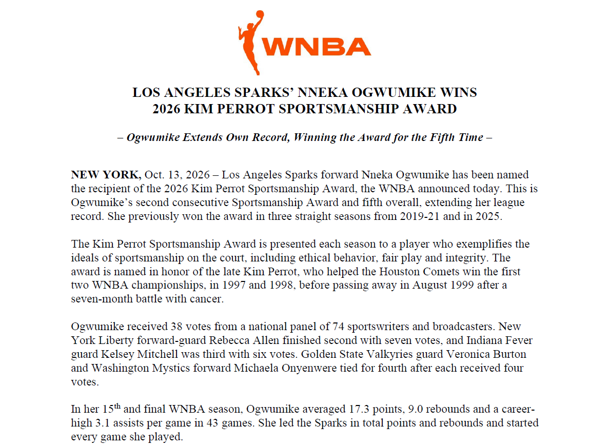 WNBAComms's tweet photo. Los Angeles Sparks’ Nneka Ogwumike Wins 2026 Kim Perrot Sportsmanship Award https://t.co/UkrIUDghbK