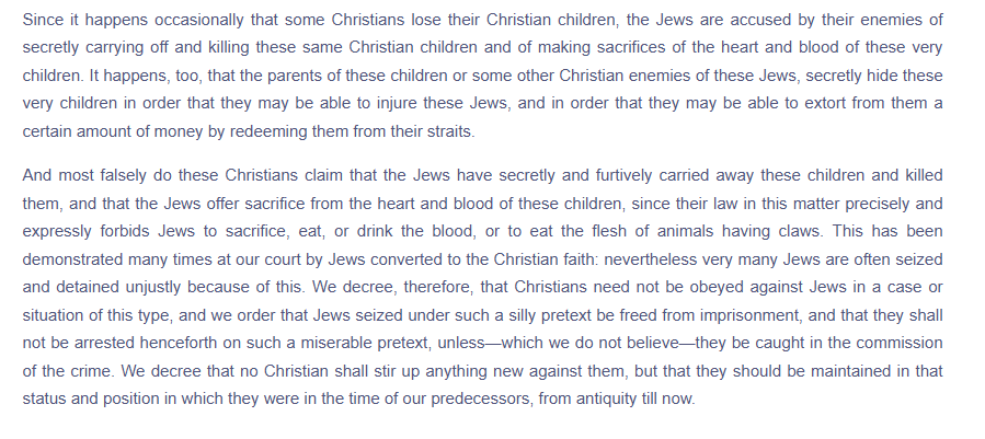 halfsabra's tweet photo. Pope Gregory X condemned the blood libel in his “Letter Against the Blood Libel,”, saying that it's made up by Christians who used it to extort Jews. He calls it "a silly pretext" because Jewish law forbids drinking blood.

The Pope in 1272 is more reasonable than grifters here. https://t.co/UKJBCfFjrf