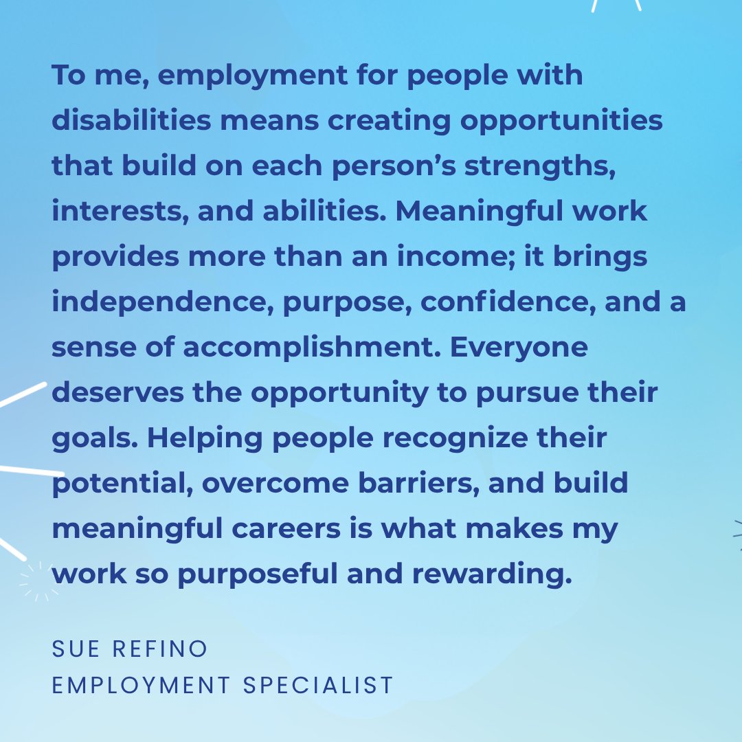 AbilityBeyond's tweet photo. 💙 #NDEAM Spotlight: Sue Refino

"Meaningful work provides more than an income; it brings independence, purpose, confidence, and a sense of accomplishment."

Helping people recognize their potential and build meaningful careers.

#NDEAM #CelebratingValueAndTalent https://t.co/mGtkgont2q
