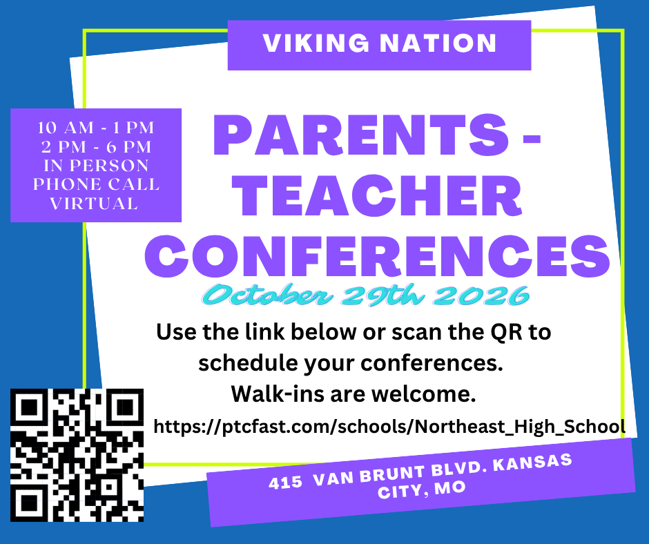 KCPS_Northeast's tweet photo. Northeast High School is using https://t.co/fe0NymzbRI to make Parent-Teacher Conference sign-ups as convenient as possible for families this year.
Our Fall Parent-Teacher Conferences will be held Thursday, October 29, from 10:00 a.m. to 6:00 p.m. at Northeast High School. Please note that no conferences will be scheduled during the teachers' lunch break from 1:00 p.m. to 2:00 p.m.

To schedule your conferences, please visit:
https://t.co/c0CkTKnJsi