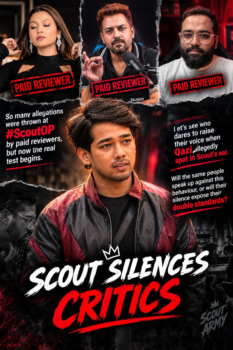 Poonamy77's tweet photo. The Scout situation has exposed an important question: do these reviewers stand for ethics, or only for narratives that suit them? Consistency is what separates genuine principles from selective outrage.

SCOUT SILENCES CRITICS https://t.co/ZcMLmT6BZW