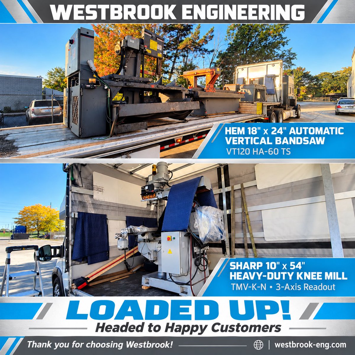 WestbrookEng's tweet photo. 🚛 Loaded up and headed to some happy customers!

Looking for machinery for your shop? Explore our inventory at https://t.co/zQetTGVAty

#WestbrookEngineering #UsedMachinery #Metalworking #Bandsaw #KneeMill #Manufacturing #HappyCustomers https://t.co/RFLV5hfOIN