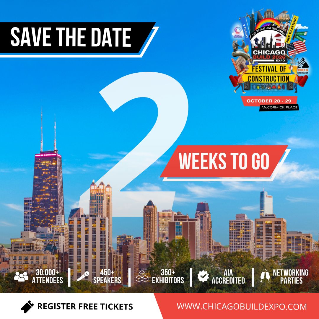 ElevatorWorld's tweet photo. *AD* 2 WEEKS TO GO! Chicago Build returns to McCormick Place on October 28–29. Expect 30,000+ attendees, 350+ exhibitors, 450+ speakers, and nine conference tracks. Register free before or pay $99 onsite:
https://t.co/EGqNn3NtsB https://t.co/GBS8IBPzep