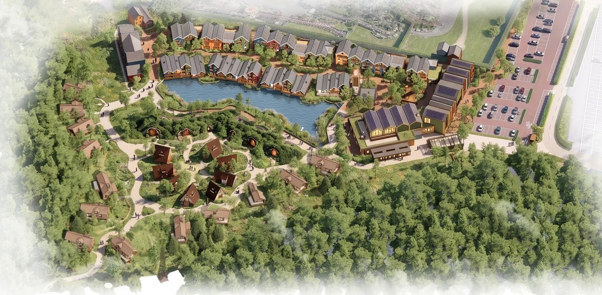 AttractionSc's tweet photo. (1/3) Paultons Park have published a consultation website for their proposed new holiday village. Featuring a central lake and a range of accommodation offerings which include Parkside Suites, Lakeside Lodges, A-frame Cabins, Burrowed Lodges, Treehouses and Riverside Lodges. https://t.co/ywC2ozNGU0